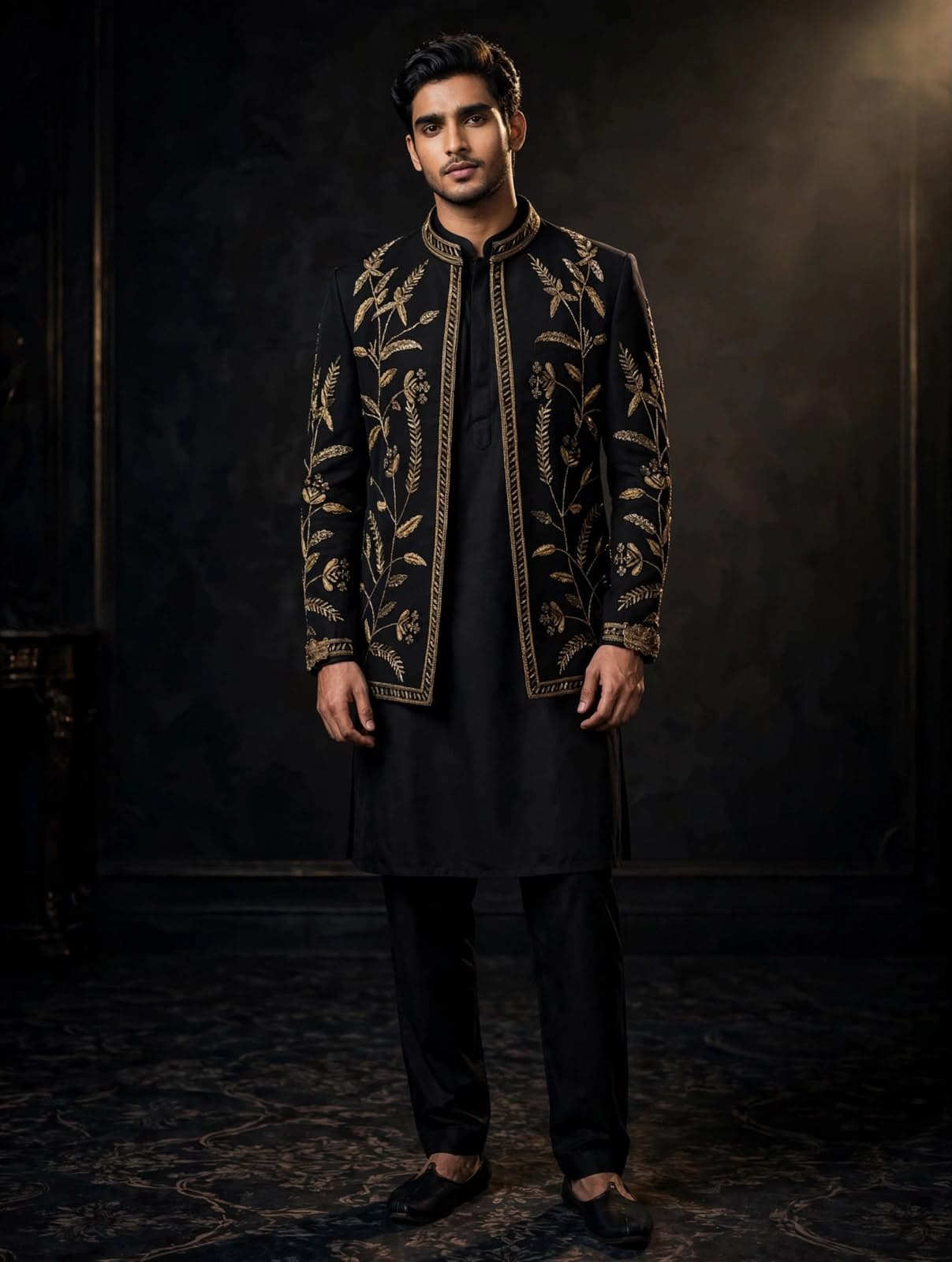 Noir Gold-Embroidered Nehru Jacket