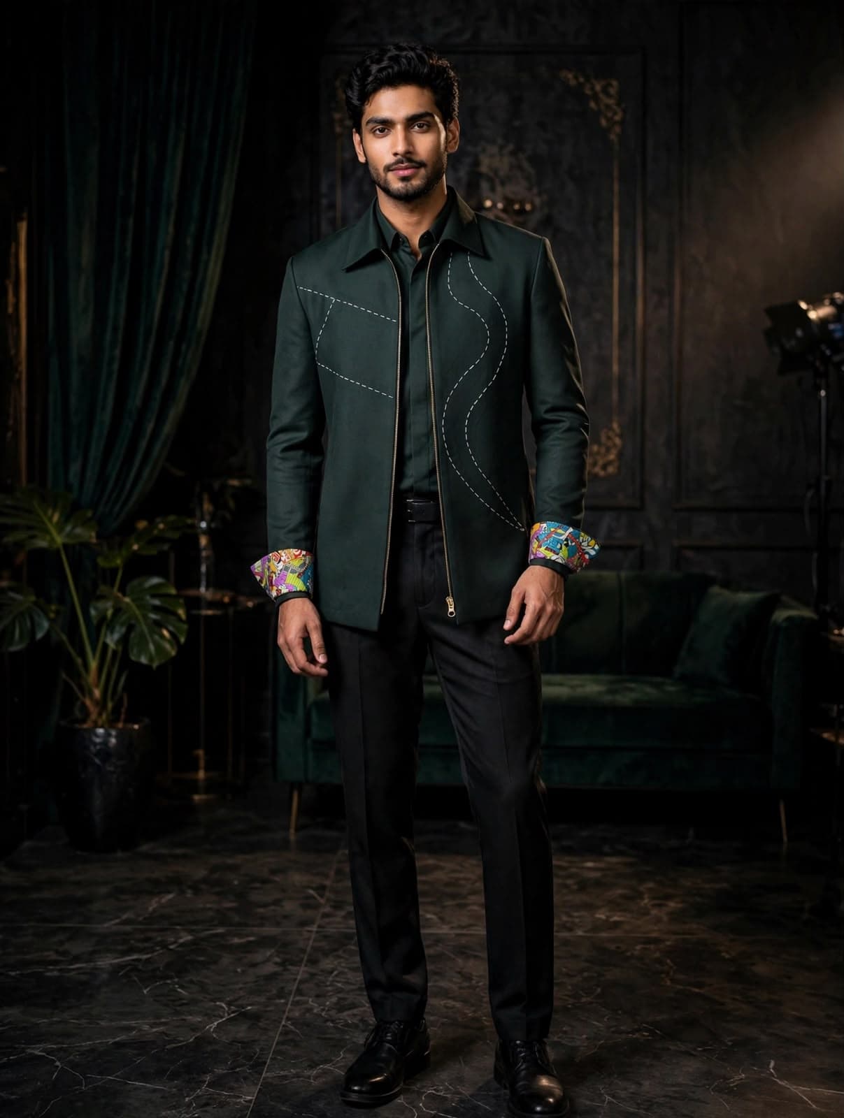 Emerald Topstitch Zip Jacket
