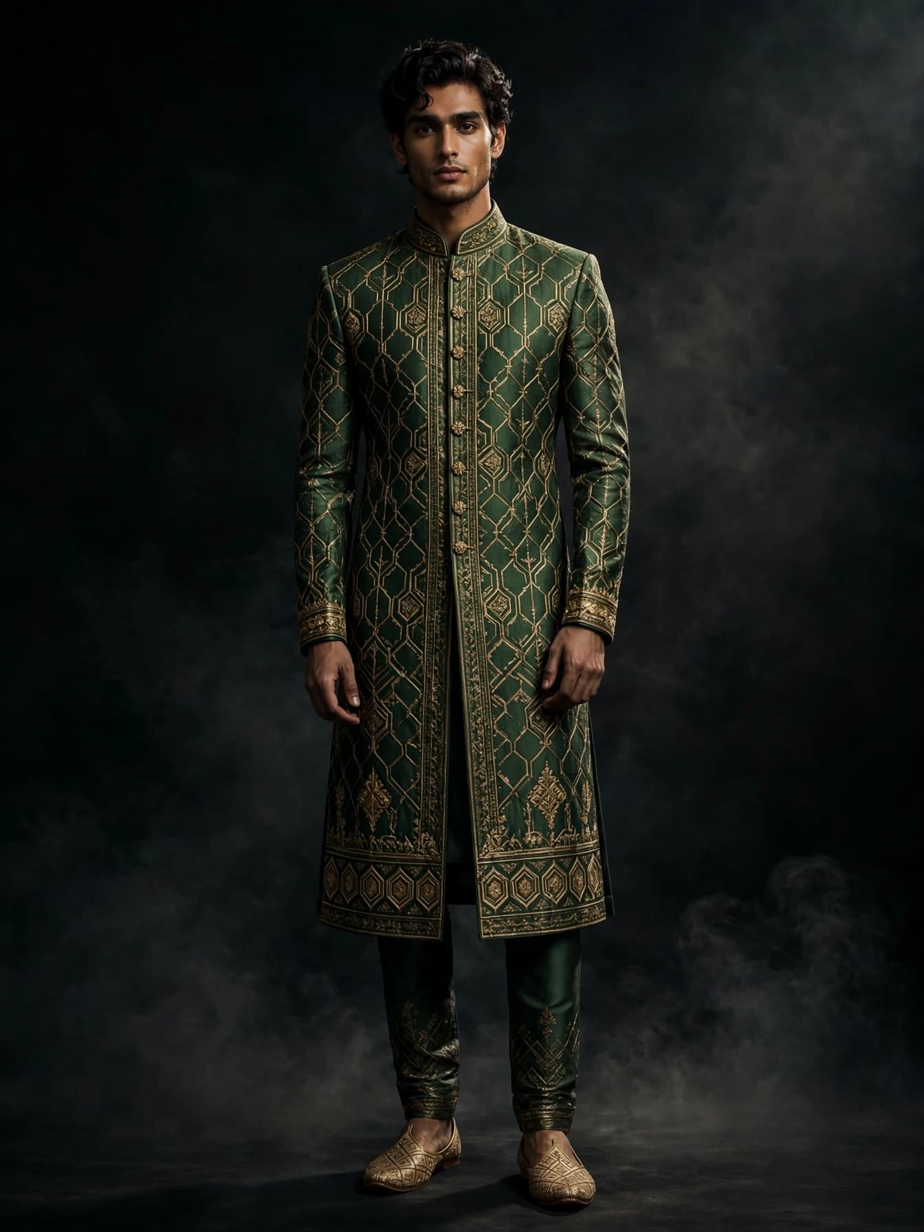 Bottle Green Hexagon Sherwani