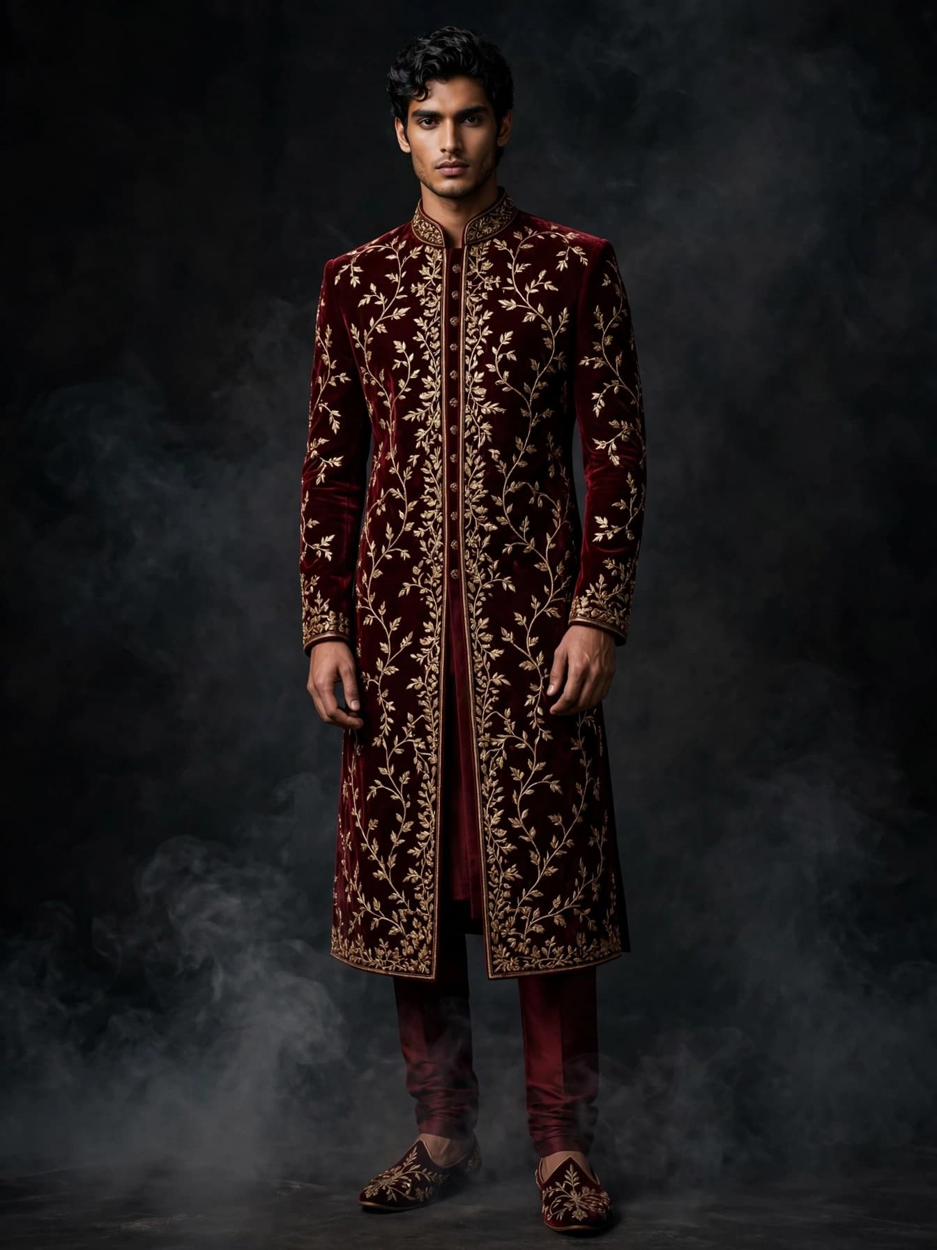 Wine Velvet Vine Sherwani