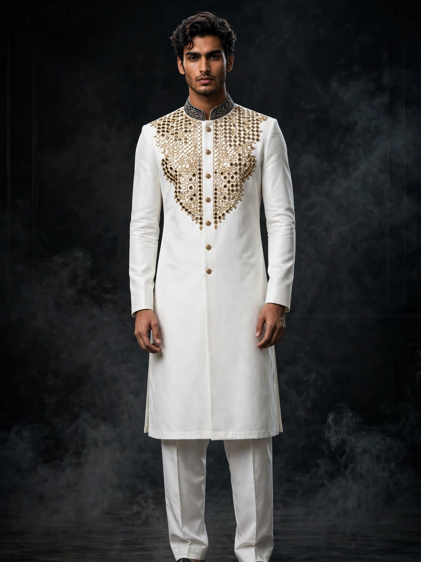 Ivory Mirror V-Yoke Sherwani