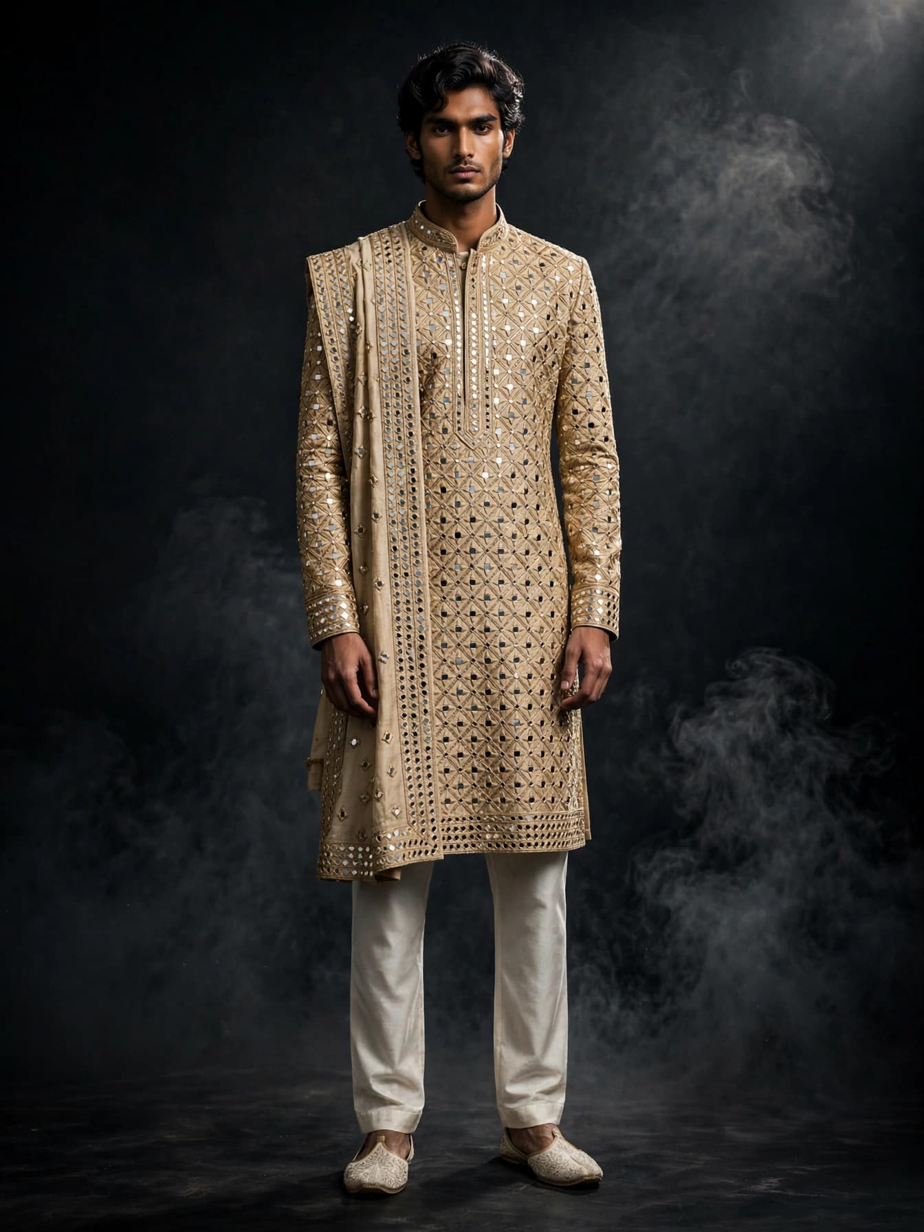 Beige Mirror Kurta with Stole